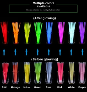 Luminous glow sticks showing a color comparison before and after activation in 8 vibrant hues