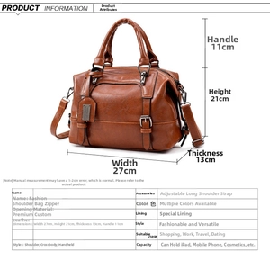 Detailed size chart for retro shoulder bag showing width 27cm and high-end leather texture