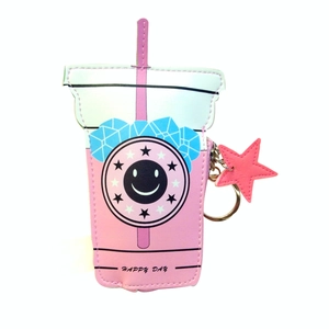 Pink popsicle cup shaped PU leather mini coin purse with keychain and star pendant