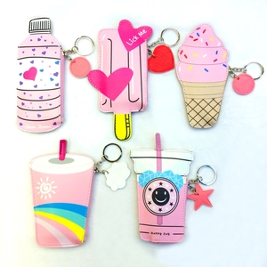 Cute Pink Cartoon Shape Mini Coin Purse PU Leather Zipper Wallet Keychain Pendant For Women Girls Ice Cream Drink Design