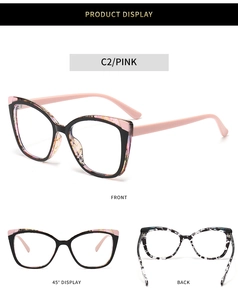 Three perspectives of cat-eye TR90 frames with pink patterned accents and clear lenses