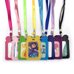 Detailed view of colorful PU leather ID card holders with matching neck lanyards
