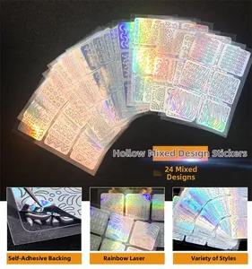 Detail of 24 holographic self-adhesive laser nail art stickers with various patterns