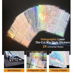 Set of 24 laser hollow nail art stickers with iridescent holographic geometric patterns
