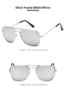 Detail view of aviator sunglasses featuring silver metal frames and silver mirror lenses