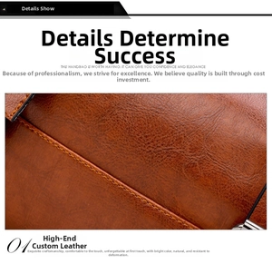 Close-up of brown lychee pattern leather with high-quality yellow stitching and hardware