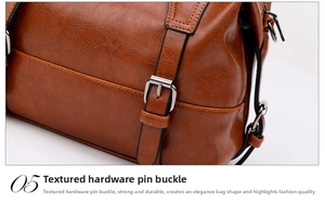 Detailed close-up of retro caramel leather bag with metallic buckle and fine stitching