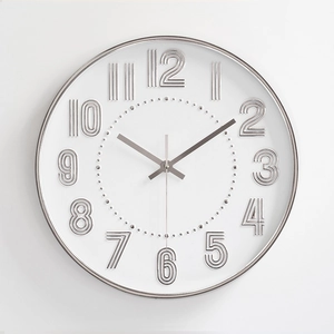 Modern minimalist 12-inch wall clock with silver 3D numerals and white dial face