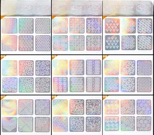Detailed catalog of 24 laser holographic 3D nail art stickers with geometric patterns