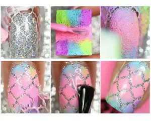 Process of applying laser hollow nail art stickers using gradient sponge and polish