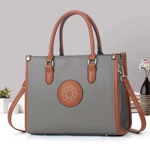 Elegant grey contrast stitching tote bag with lychee texture and gold accents
