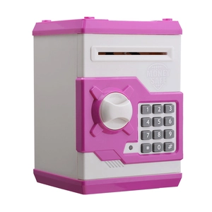 Detail view of pink electronic money safe toy with keypad and simulated safe lock dial