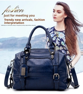 Detailed view of the dark blue Boston handbag featuring crocodile texture and metal buckle