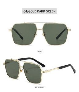 Detailed views of gold metal double bridge sunglasses with dark green lenses in dual angles