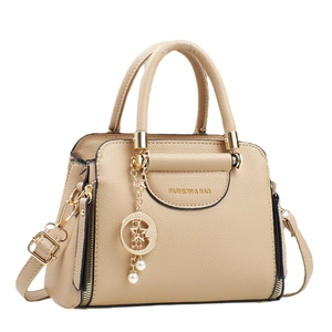 Khaki pebbled leather handbag with double handles and gold-tone hardware from a 45-degree angle