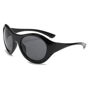 Futuristic Y2K wrap-around sunglasses with sleek black frame and dark tinted lenses