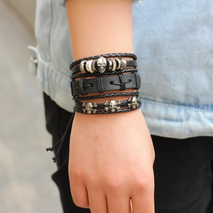 6-piece black multilayer genuine leather bracelet set for men with metal skull charms