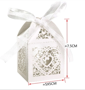 Detailed size specifications for laser-cut heart favor box with white ribbon