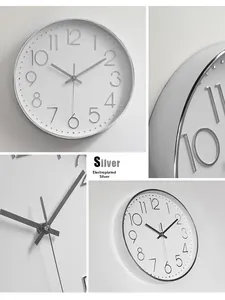 Detail of modern silver wall clock with 3D embossed numbers and electroplated finish