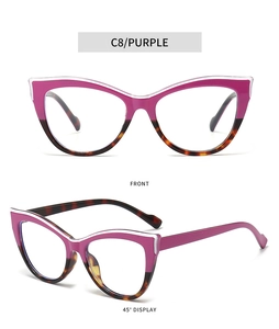 Detailed front and 45-degree angle view of purple and tortoiseshell cat-eye glasses frames