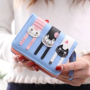 Short blue bifold wallet for women featuring three cute cartoon cats and zip closure