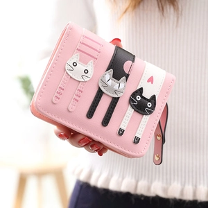 Cute Cartoon Cat Women Bifold Wallet PU Leather Zipper Coin Purse Small Multi Card Holder Student Style