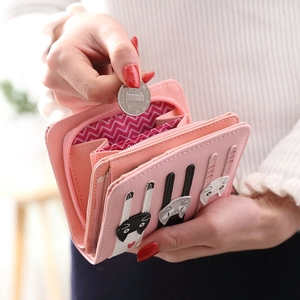 Pink PU leather small wallet with cute cartoon cat embroidery and zipper coin compartment