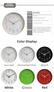 Detail view of ABS wall clock specifications showing silent movement and color options