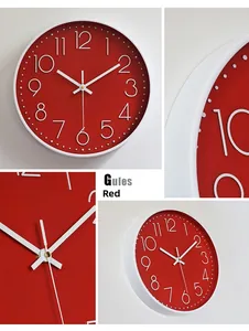 Detail shots of red modern wall clock with 3D numbers and silent quartz movement