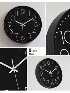 Detail view of modern black wall clock with white 3D numbers and sleek pointer texture