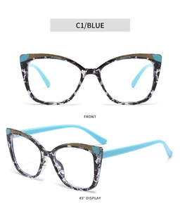 Detailed front and 45-degree angle views of cat-eye frames in blue marble texture