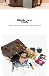 Brown vintage handbag capacity view showing interior space for tablet and daily items