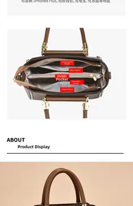 Detail view of the brown leather handbag interior layout showing multiple storage pockets