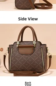 Detailed side and back view of a brown patterned handbag with gold hardware