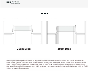 Detailed size guide for rectangular tablecloths with overhang measurement instructions
