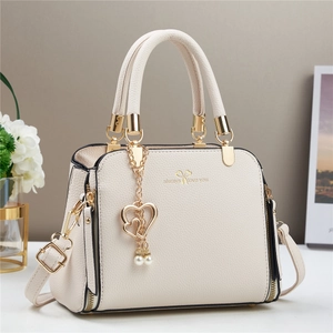 Women Litchi Grain PU Leather Handbag Elegant Crossbody Shoulder Bag With Heart Artificial Pearl Pendant For Daily Use Ladies