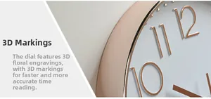 Detail of 3D rose gold embossed numerals on a modern minimalist round wall clock