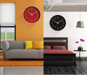 Modern minimalist round wall clocks in red and black colors for home living room decor