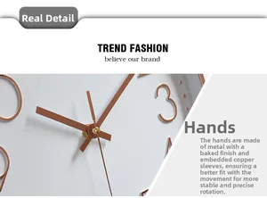 Detail of copper metal hands and 3D numerals on a 12 inch minimalist modern wall clock