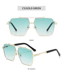 Detailed front and side view of gold metal square sunglasses with green gradient lenses