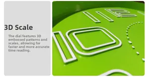 Macro detail of 3D embossed numbers on a modern green wall clock for clear visibility