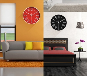 Horloge murale moderne rouge et noire dans un décor de salon et de chambre minimaliste