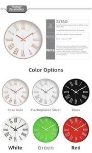 Spécifications détaillées et six options de couleur pour l'horloge murale silencieuse