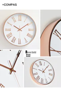 Détails de l'horloge murale moderne de 30 cm en or rose avec chiffres romains et aiguilles