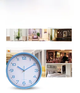 Detail of 10-inch sky blue wall clock featuring large numerals and various room settings