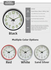 Detailed specs of 35cm luminous wall clock with quiet movement and metal finish
