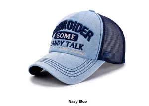 Detail of navy blue mesh baseball cap with vintage denim and 3D letter embroidery