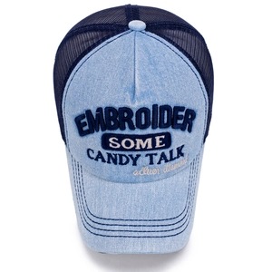 Denim mesh trucker hat with blue embroidery and light wash denim front and peak