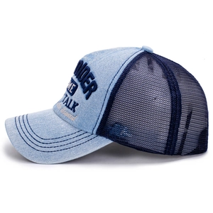 Blue denim trucker hat with mesh back and RIDER TIME TALK 3D embroidery detail