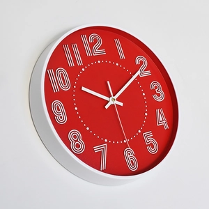 Modern minimalist 12-inch round wall clock with red dial and white 3D Arabic numerals
